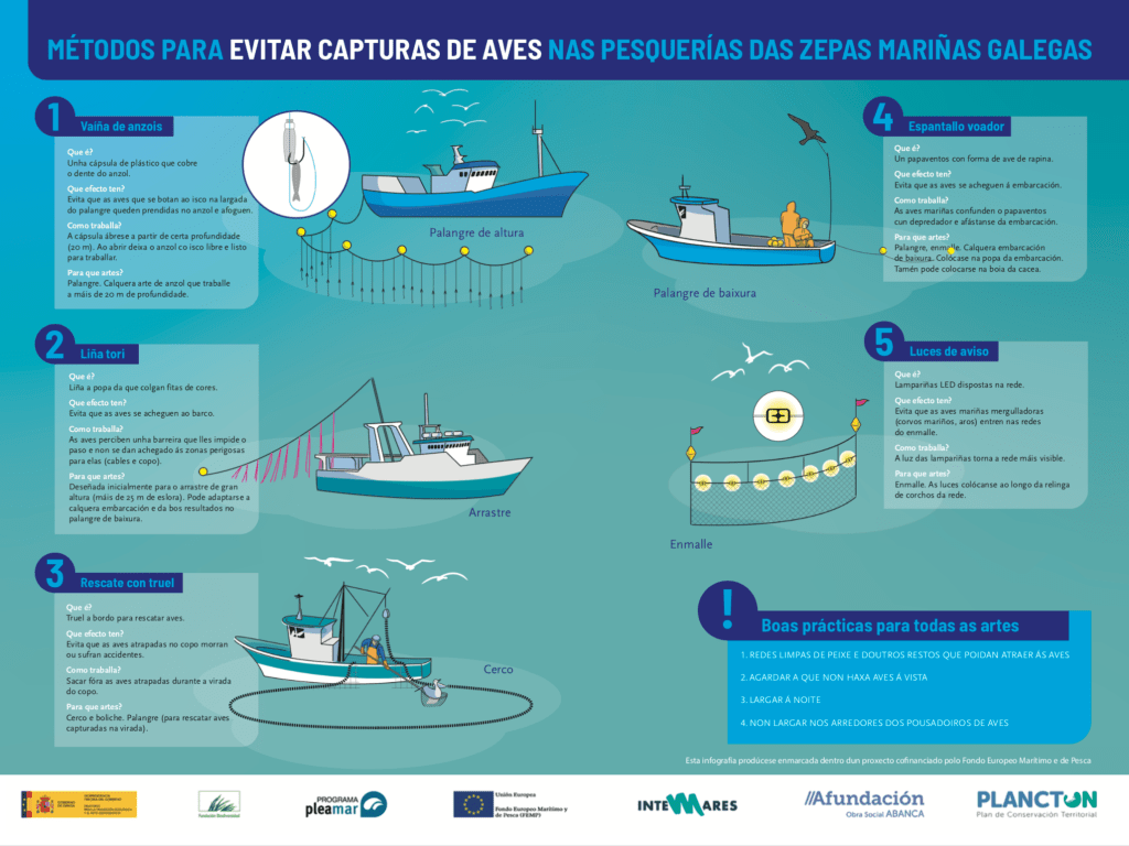 Medidas para mitigar a captura accidental de aves nas pesquerías das ZEPAS mariñas galegas:&nbsp;Infografías